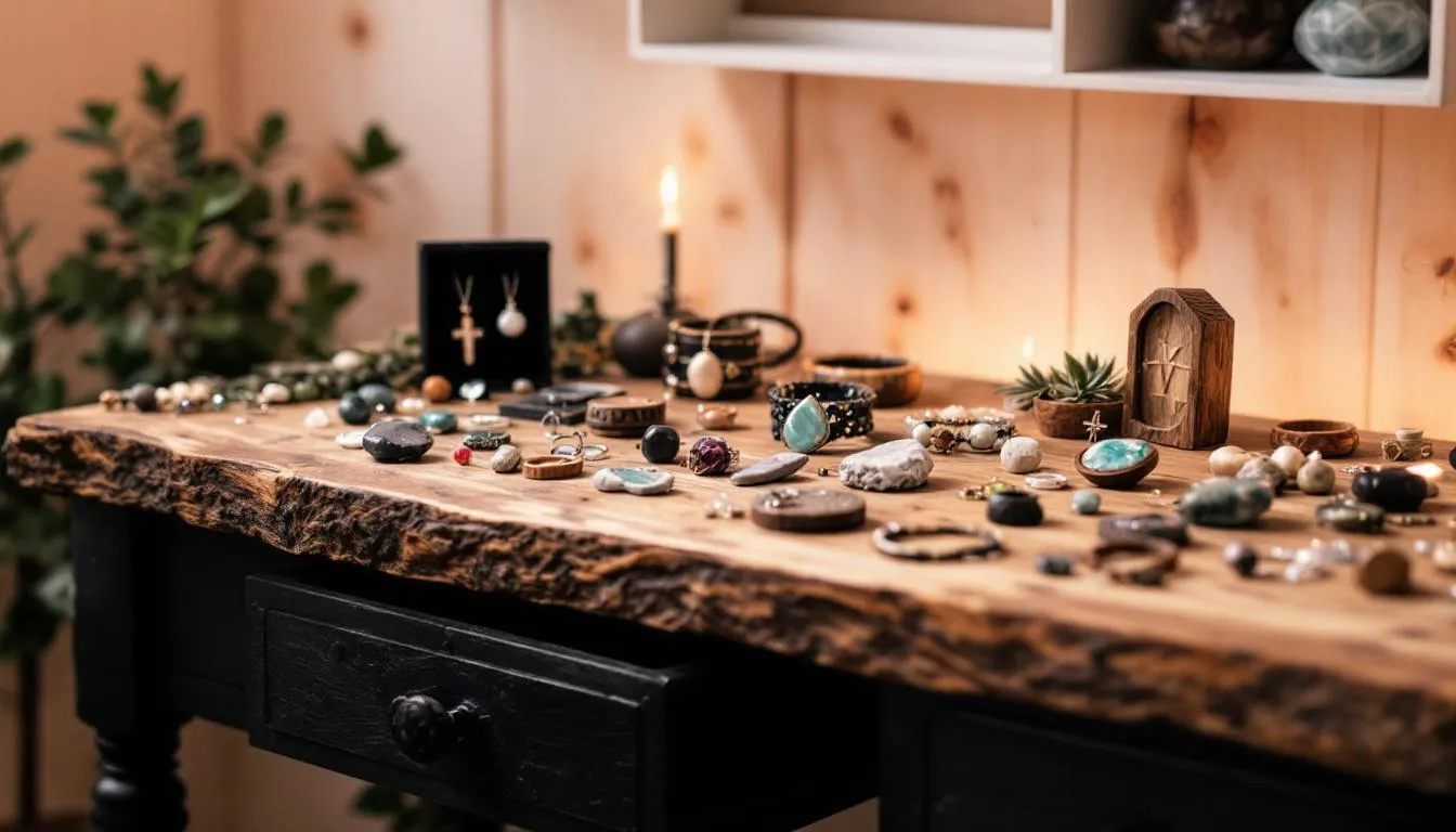 The image showcases an array of authentic witch jewelry, featuring intricately designed necklaces and charms made from various metals, including gold. Each piece is carefully displayed to highlight its unique details, appealing to customers seeking genuine spiritual accessories.