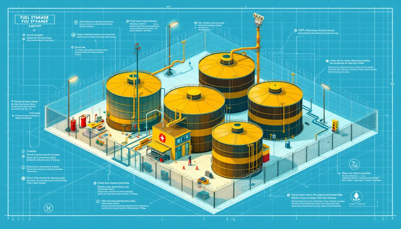 A visual representation of compliance with fuel storage regulations, featuring fuel storage tanks.