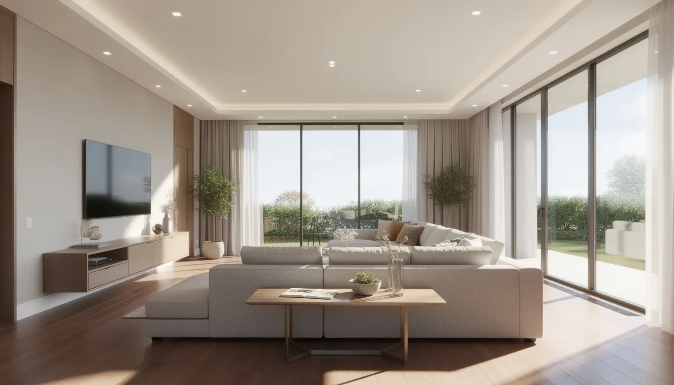 The image depicts a modern living room featuring recessed ceiling lighting fixtures that create a warm and inviting ambiance, complemented by large windows allowing natural light to flood the space. This design highlights the seamless integration of lighting control systems, enhancing the room's overall brightness and comfort.