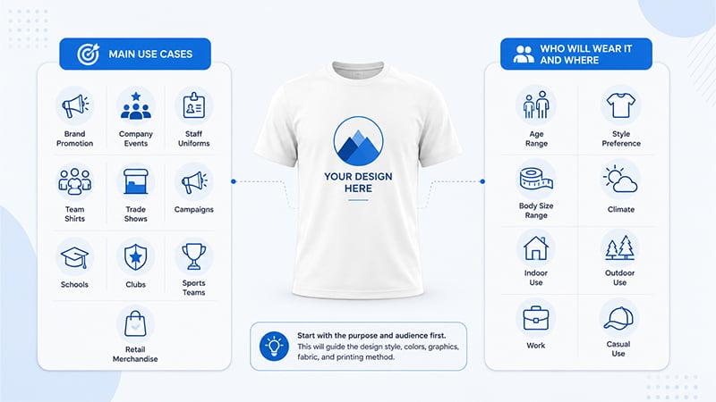 Custom T-shirt design checklist covering use cases and who will wear it and where.