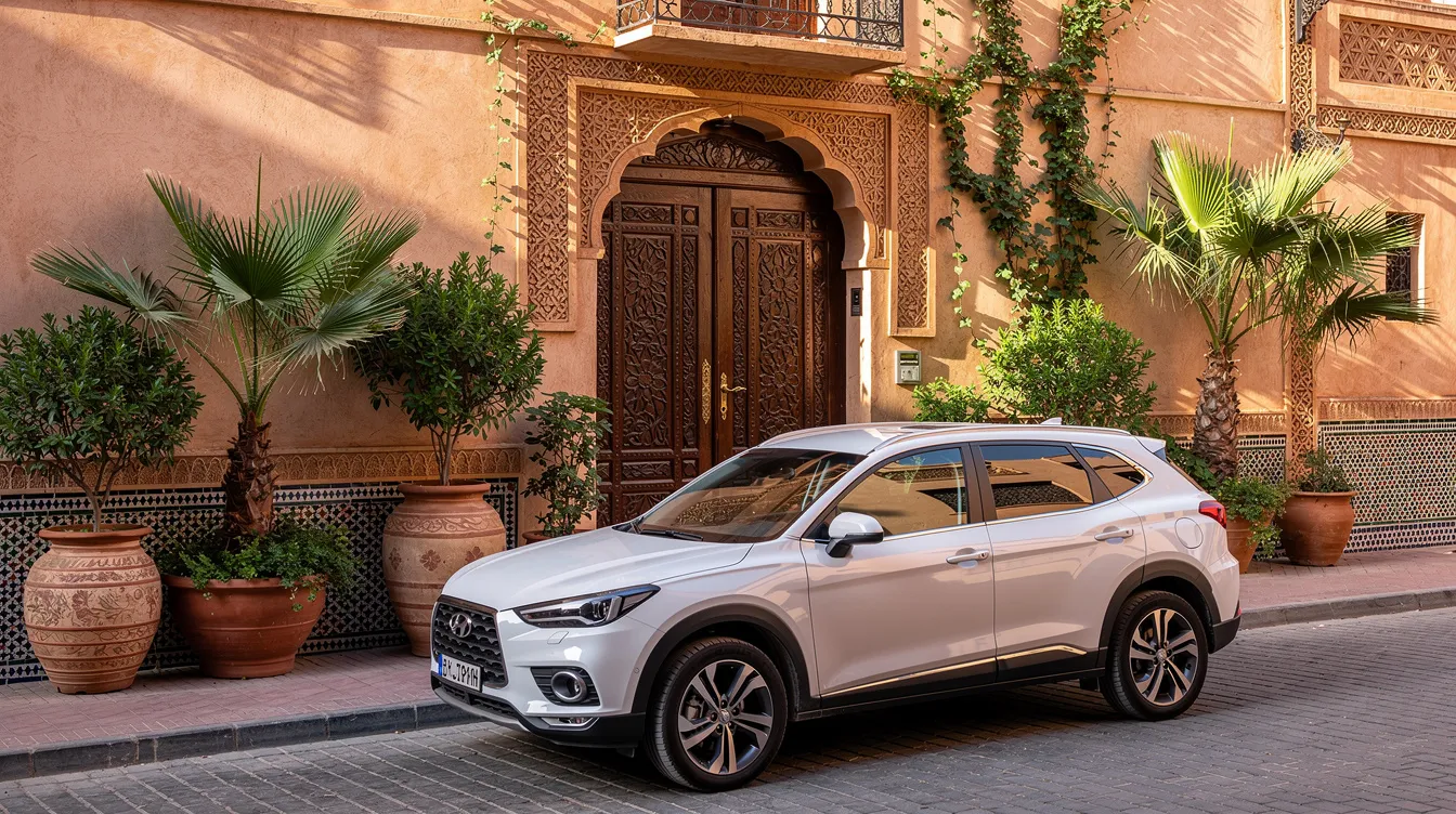 A clean white SUV is parked in front of a traditional Moroccan riad, showcasing ornate wooden doors and surrounded by potted plants, inviting travelers to explore the beautiful country of Morocco. This scene captures a perfect blend of modern private transport and the rich history of Moroccan architecture, ideal for those planning a private Morocco tour.
