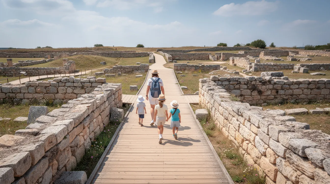 A family strolls along a wooden boardwalk path, flanked by low stone walls that are remnants of the ancient city of Troy, an archaeological site rich in history from the Trojan War. The scene captures the essence of this UNESCO World Heritage Site, inviting visitors to explore the ruins of Troy and its fascinating past.