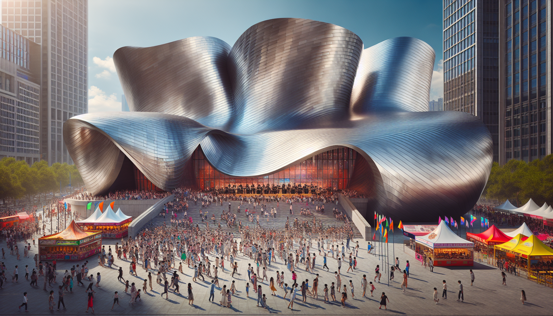 An exciting illustration of live entertainment in Los Angeles, featuring the Walt Disney Concert Hall and people enjoying a concert.