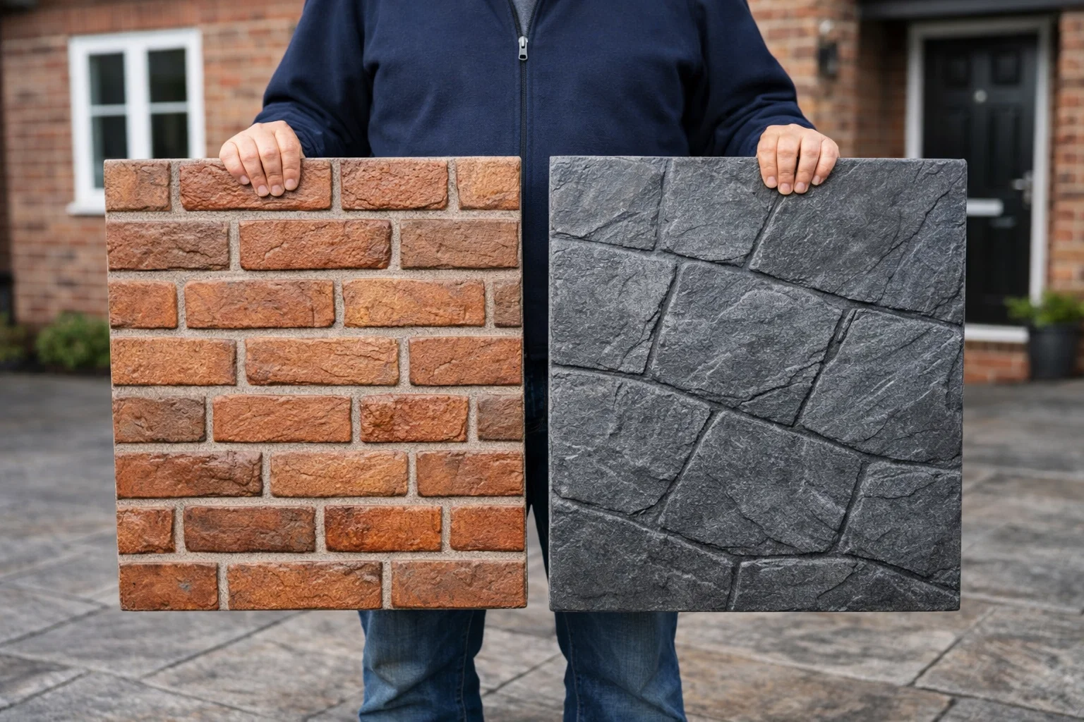 Homeowner comparing imprinted concrete pattern samples against brick house exterior.