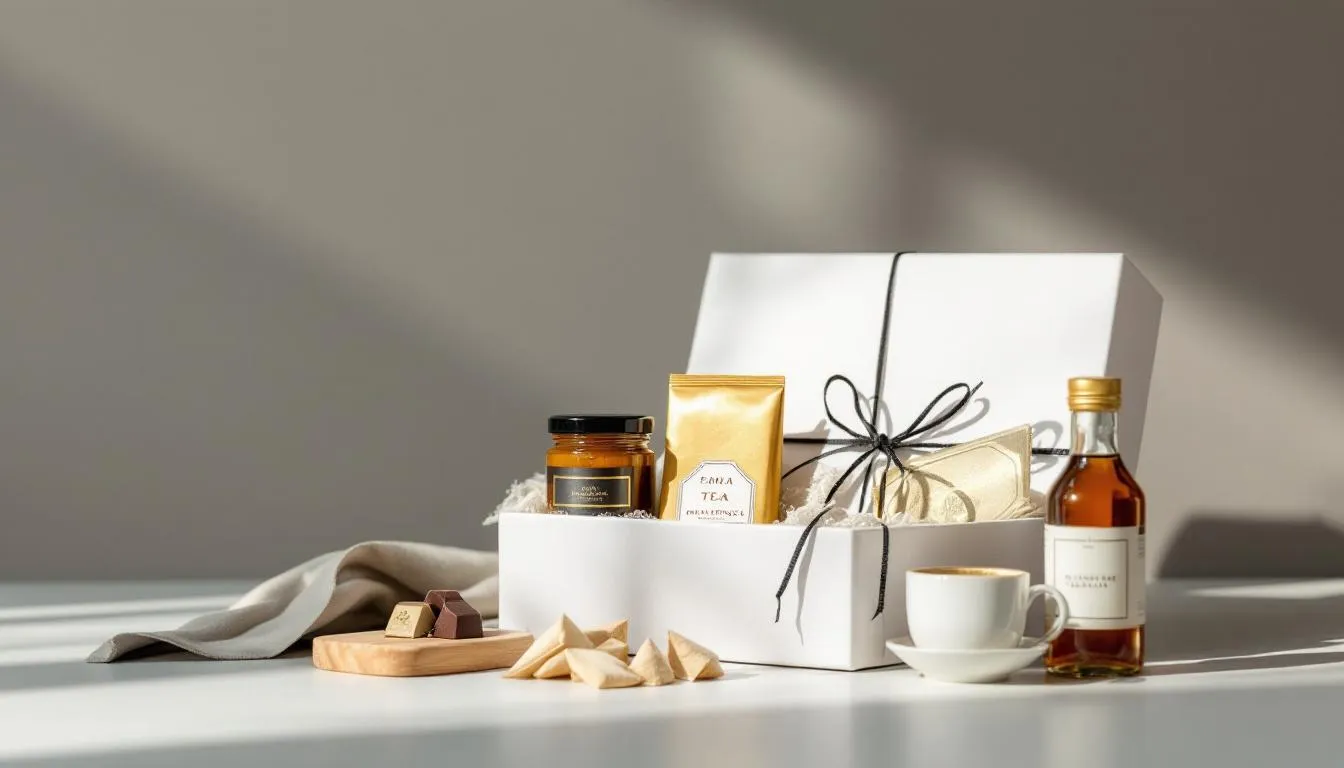 An elegant gourmet food and drink gift box filled with various treats.