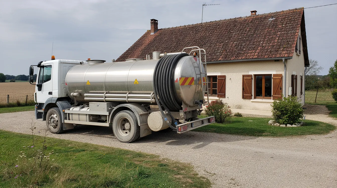 Un camion hydrocureur est stationné devant une maison individuelle en zone rurale, prêt à effectuer l'entretien d'une micro station d'épuration. Ce véhicule est essentiel pour le traitement des eaux usées et l'assainissement non collectif, garantissant le bon fonctionnement du système.