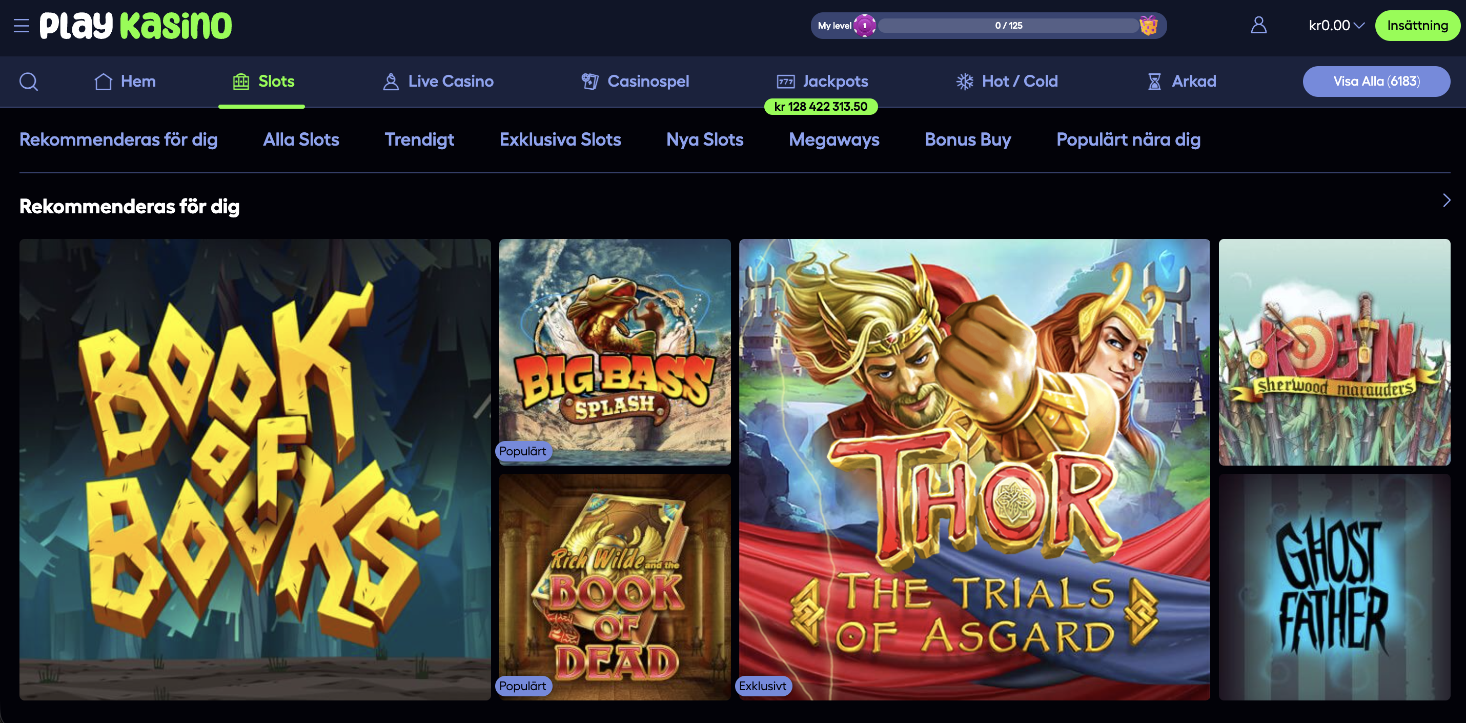 PlayKasino slots sida med populära spel som Book of Rocks och Book of Dead – PlayKasino recension