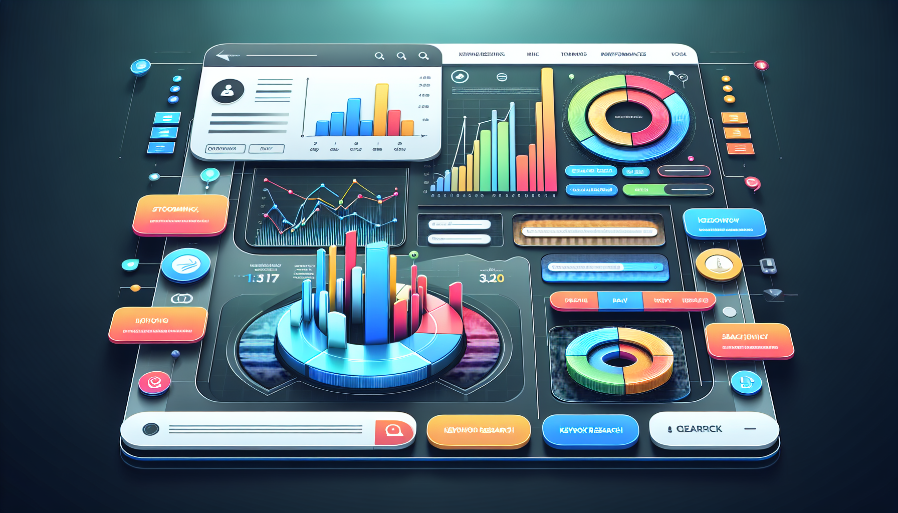 An illustration of a user interface design showcasing various features of a marketing tool like Semrush.