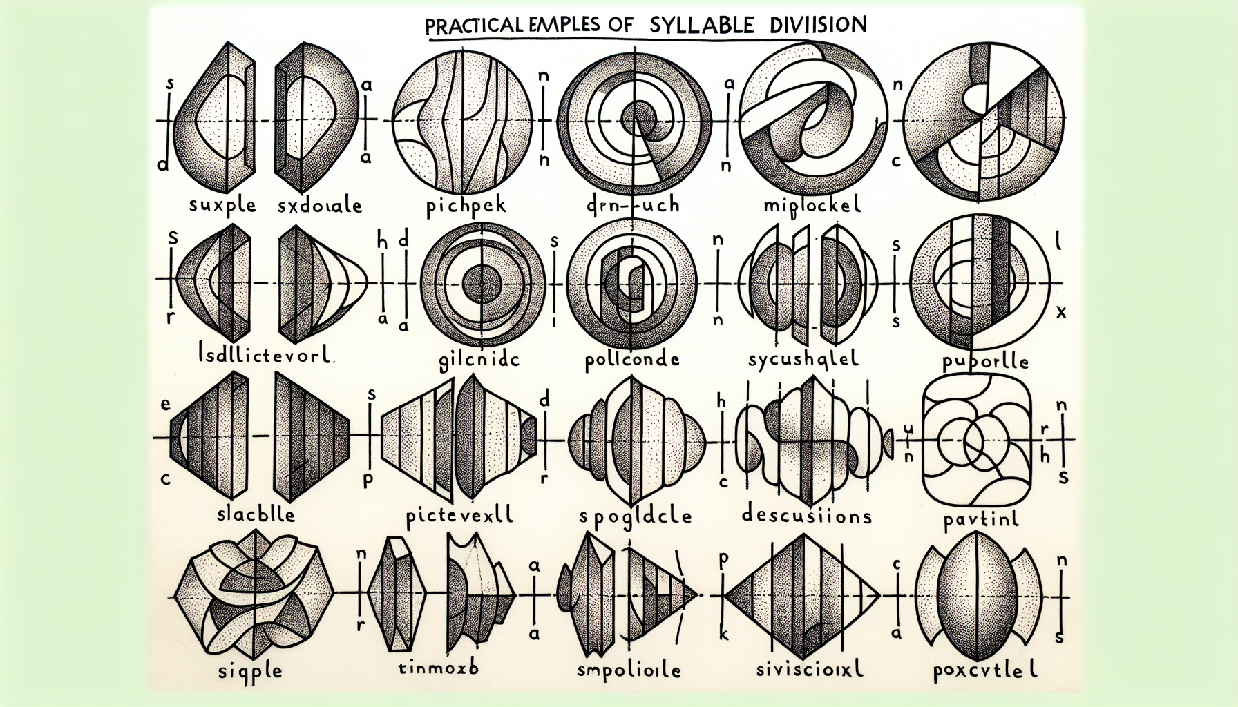 Disegno di esempi pratici di divisione in sillabe