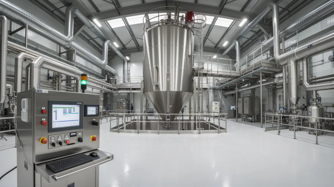 865bed66 292e 4797 9de1 2afed3d94d0d The image depicts a large stainless steel spray dryer situated within a modern dairy processing facility, featuring an array of pipes and control panels, essential for the milk powder manufacturing process. This setup is integral to the dairy processing industry, showcasing advanced technology used in the production of skimmed and whole milk powder.