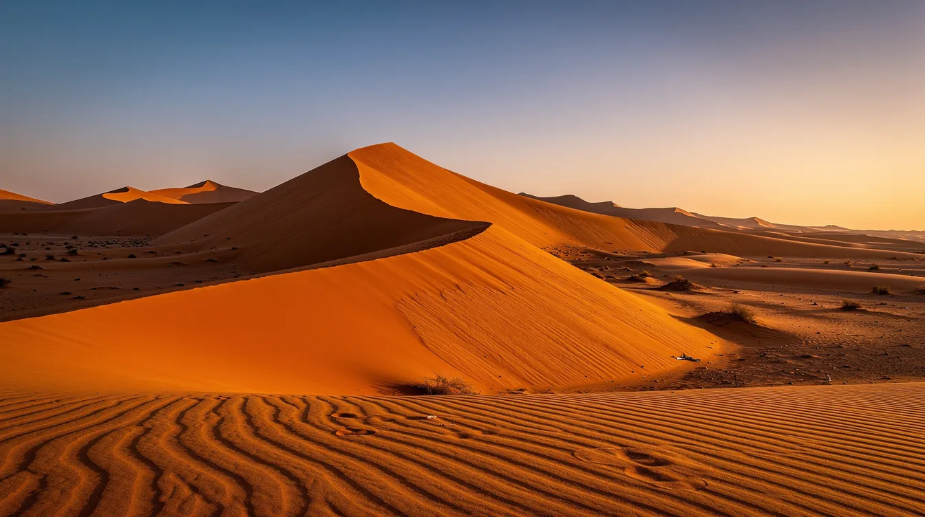 The image showcases the tall orange sand dunes of Erg Chebbi at sunset, casting dramatic shadows across the desert landscape. This breathtaking scene captures the essence of the Sahara Desert, ideal for those seeking an unforgettable experience during a Marrakech to Fes desert tour.