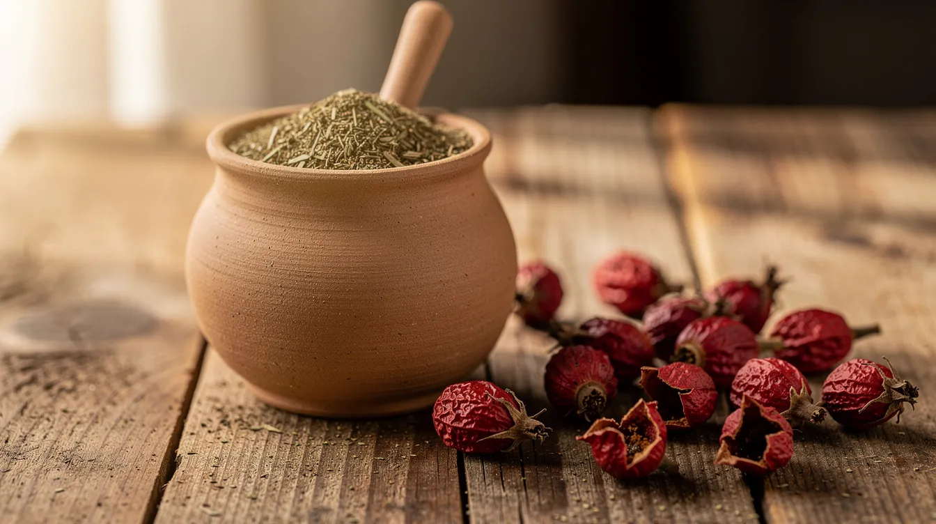 Matero z yerba mate i suszone owoce dzikiej róży na drewnianym blacie