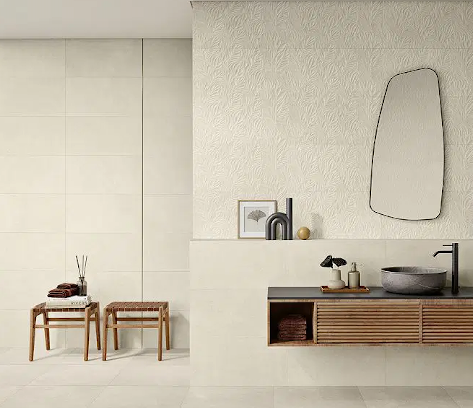 Sense Beige Botanic Textured ceramic bathroom tiles by Love and Margres