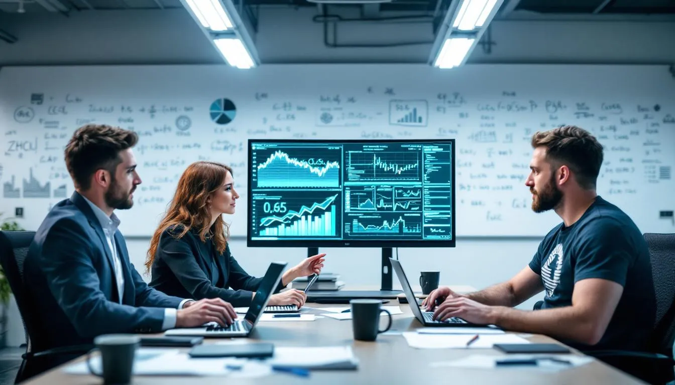 In the image, a group of data analysts collaborates around multiple computer screens displaying complex data processes and analytics tools. They are engaged in tasks related to data integration and preparation, utilizing platforms like Alteryx and Snowflake to automate data pipelines and manage large datasets effectively.