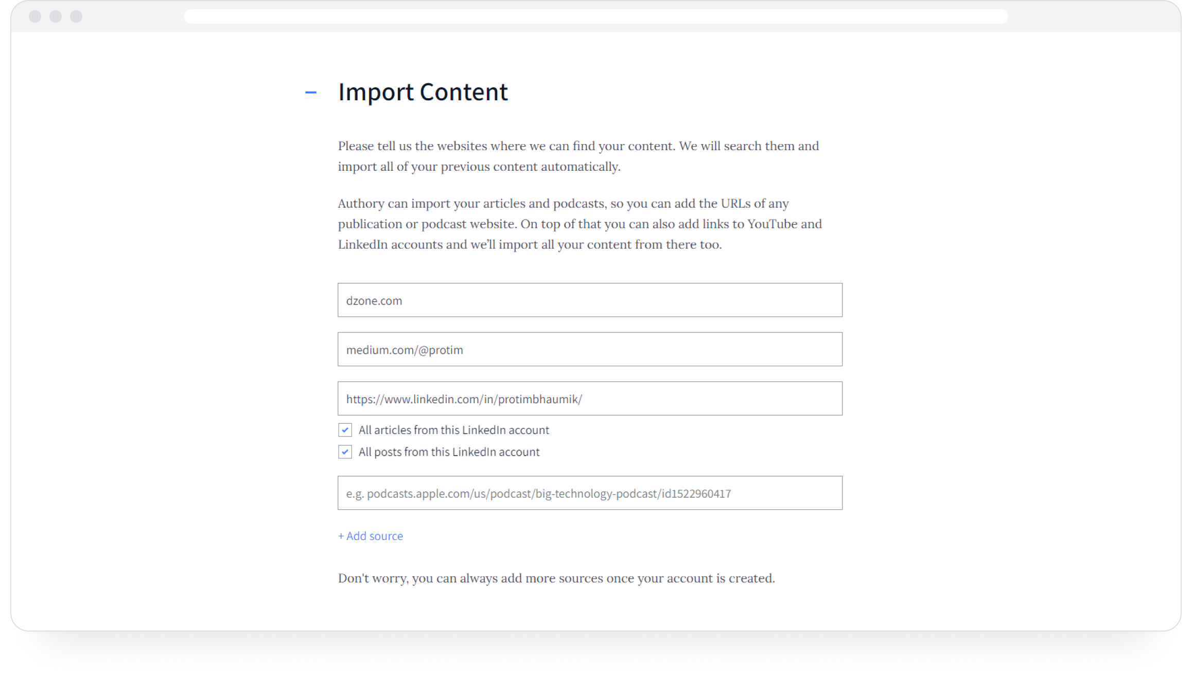 Add your sources and import all your content into Authory