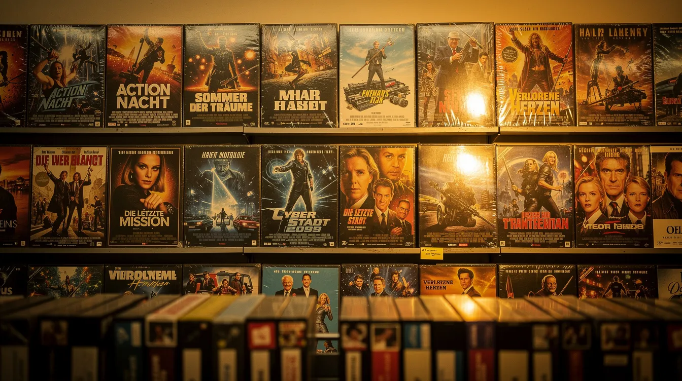Das Bild zeigt eine Wand in einer Videothek, an der Filmplakate aus den 1990er Jahren nebeneinander hängen. Die warmen Lichtverhältnisse schaffen eine nostalgische Atmosphäre, die an die besten Filme dieser Dekade erinnert, darunter Klassiker wie "Das Schweigen der Lämmer" und "Pretty Woman".