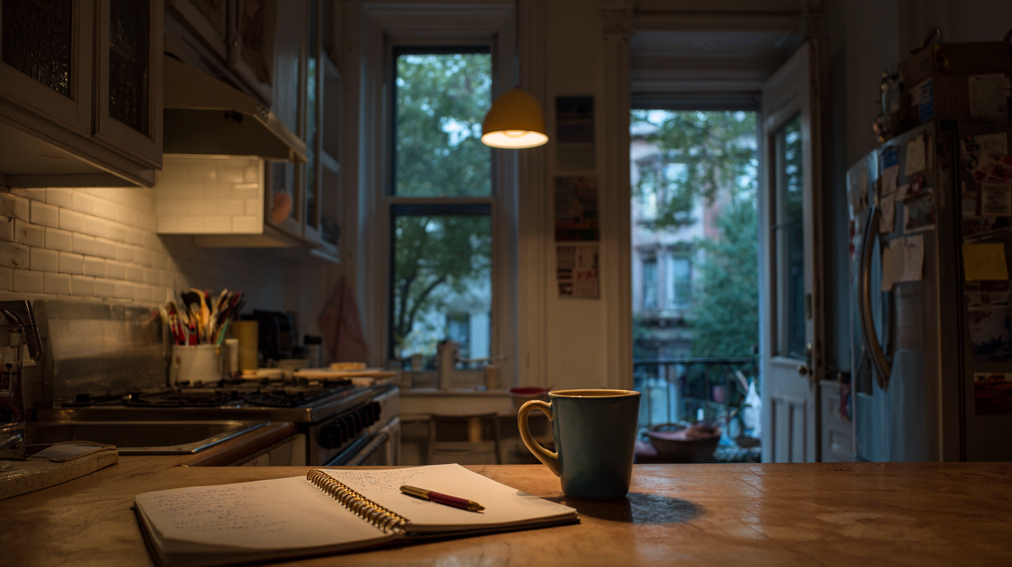 A quiet Brooklyn kitchen counter at night with a child's open homework notebook and a pen left beside it
