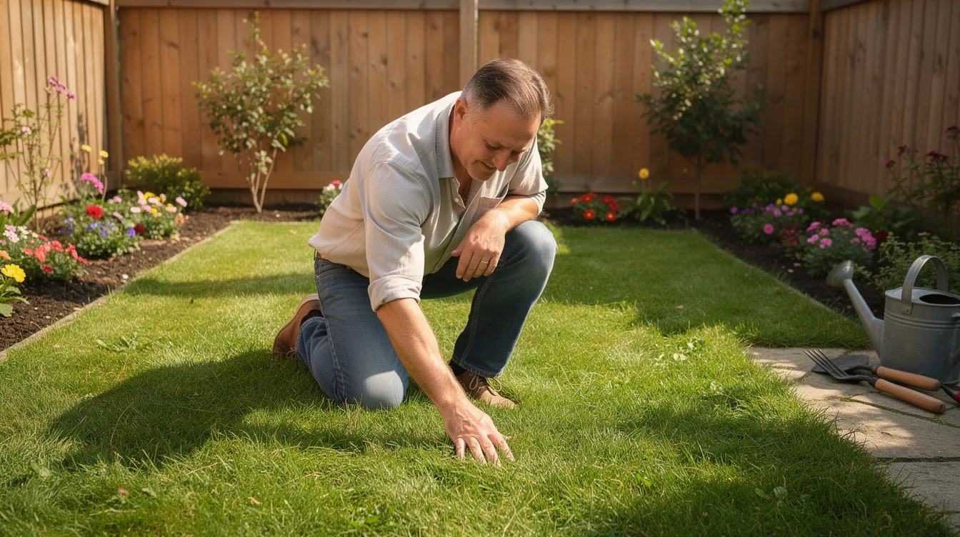 A gardener is inspecting the lush, green grass in a small home garden, ensuring the established lawn is healthy and vibrant. This attention to detail is essential for maintaining consistent growth and applying the right lawn feed to promote deep root growth and prevent weeds.
