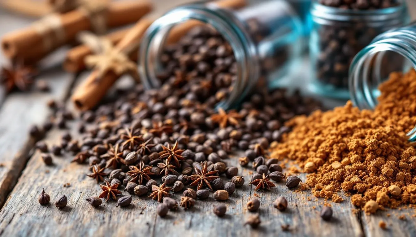 The image shows a scattering of dried clove buds on a rustic wooden surface, accompanied by glass jars that likely contain clove oil or clove extract. These whole cloves are known for their potent antimicrobial properties and health benefits, making them a valuable addition to natural remedies and culinary recipes.