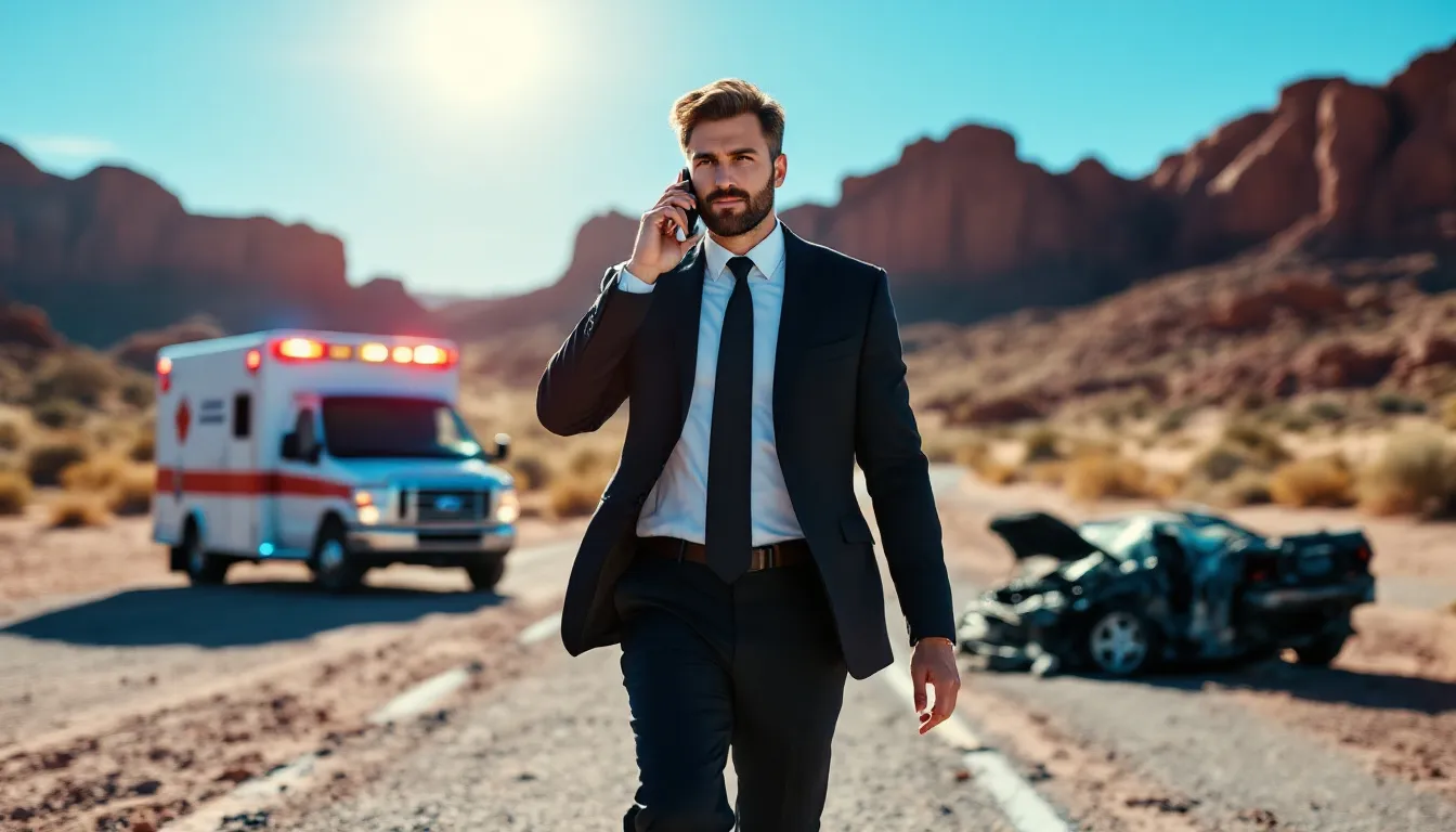 An attorney is seen walking away from a car accident scene in scenic New Mexico, with an ambulance in the background as they make a phone call to discuss a car accident claim. The image highlights the importance of seeking legal assistance from experienced car accident lawyers for accident victims in New Mexico.