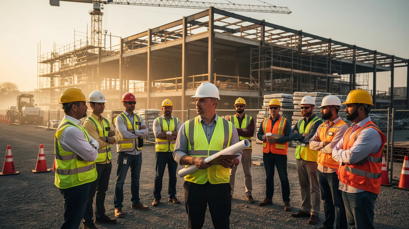 A superintendent is leading a morning crew huddle on an active commercial construction site, with workers attentively listening as they discuss workplace safety and risk management strategies. This meeting emphasizes the importance of a strong safety culture and continuous improvement in managing workplace hazards.