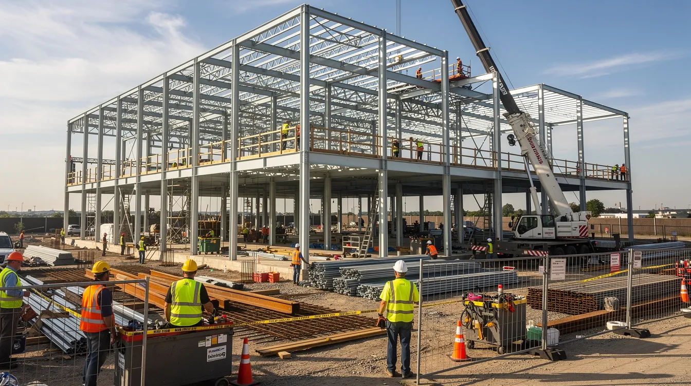 The image depicts a bustling construction site featuring steel framing and workers wearing hard hats, actively engaged in a commercial building project. This scene highlights the importance of adhering to construction contracts and the potential challenges of contractor termination disputes in the construction industry.