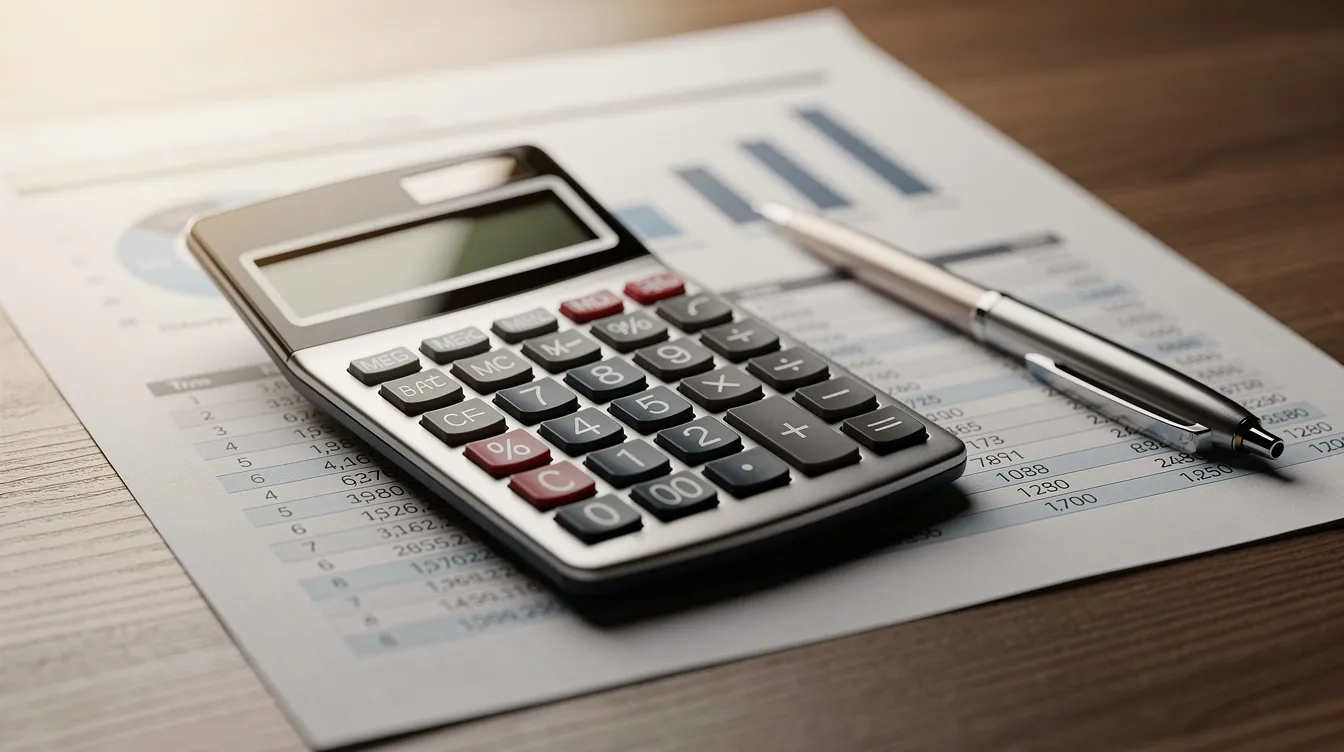 A close-up view of a calculator resting on top of financial statements, accompanied by a pen, all situated on a wooden desk. This scene suggests a professional setting, possibly related to 公務員 職位, where financial analysis or budgeting may take place.