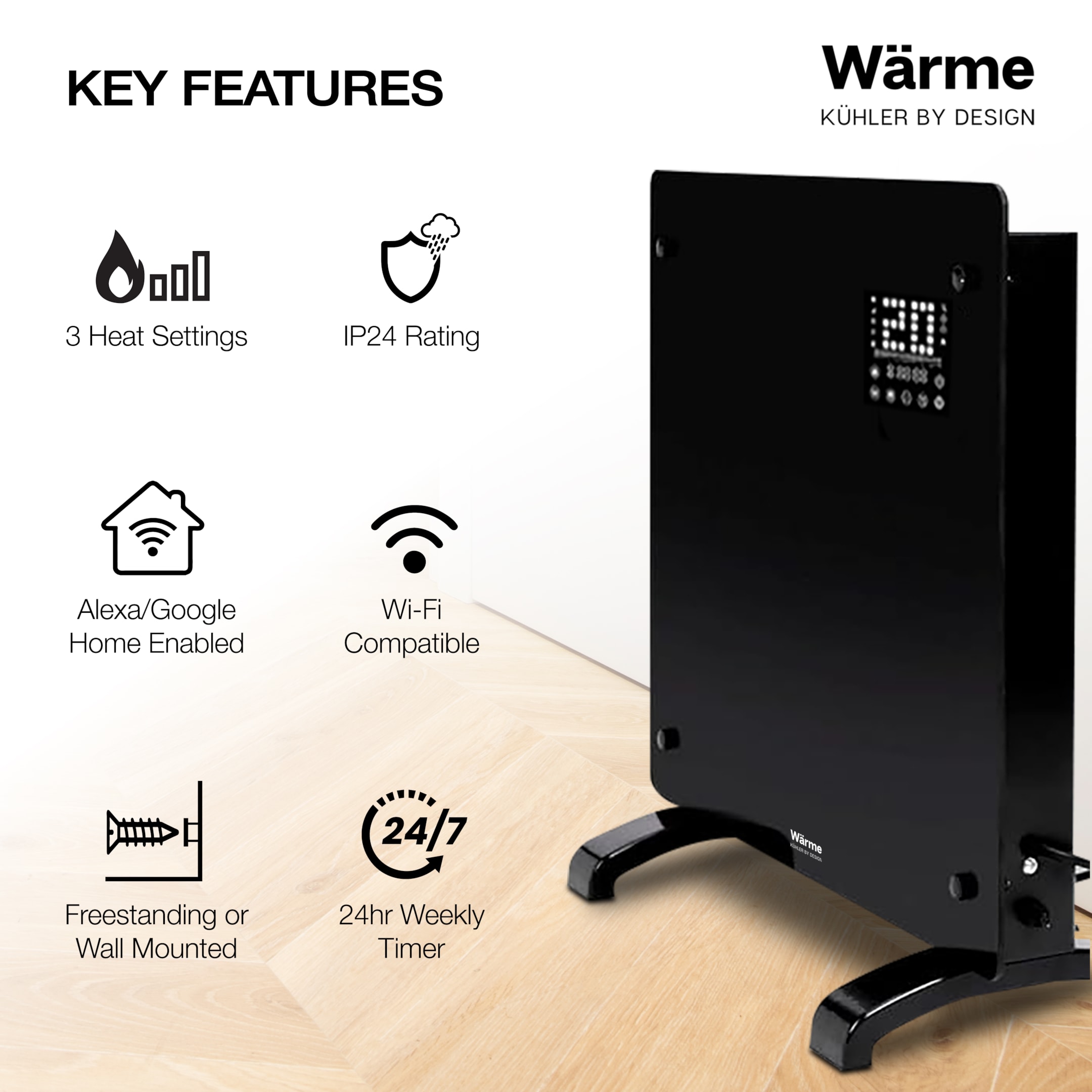 Different types of electric heaters displayed in a home setting.