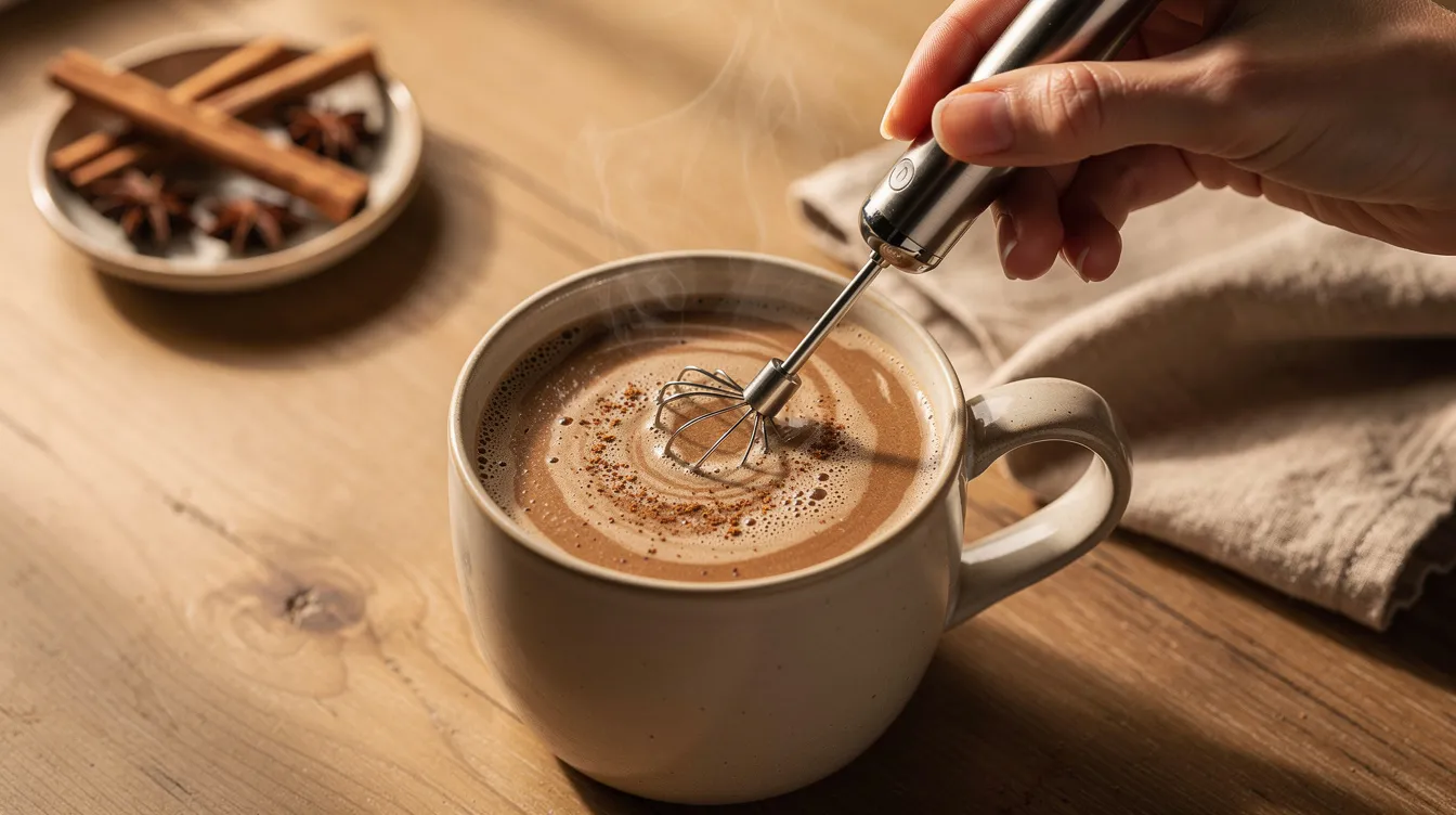 A person is using a small handheld milk frother to create a frothy texture in a steaming mug filled with a brown spiced beverage, possibly a hot chocolate or a mushroom coffee alternative. The scene conveys a cozy morning routine, highlighting the smooth texture and earthy flavor of the drink, which may include ingredients like almond milk or coconut creamer for added health benefits.