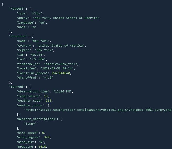 weatherstack API example response for real-time weather data