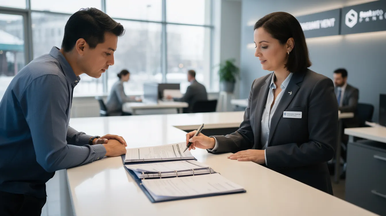 867170b5 2f17 466f b435 d12b28b408d5 A small business owner is seated at a bank counter, discussing financial documents such as bank statements and business registration papers with a bank officer. They are likely reviewing details related to a mudra loan application and assessing the owner's repayment capacity and eligibility for business loans.