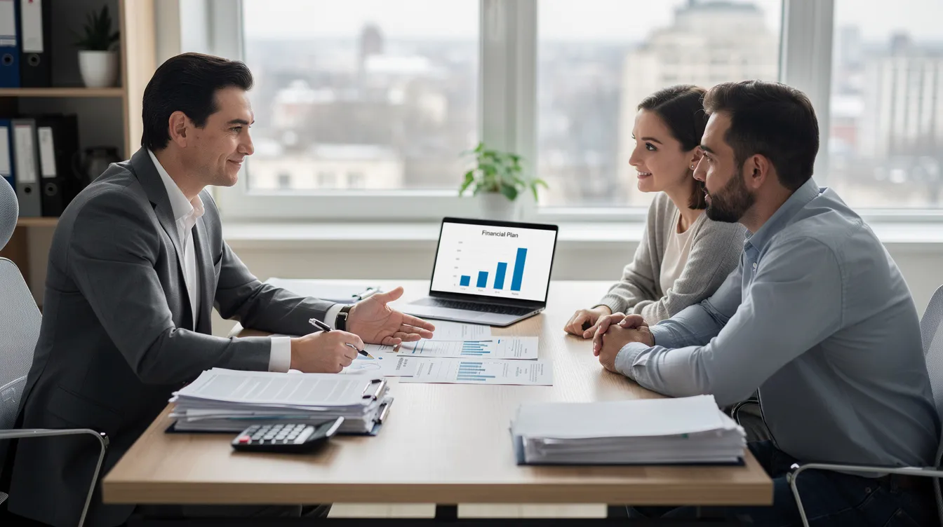 A professional financial advisor is seated at a desk with a married couple, discussing various financial documents related to their retirement income and tax implications, including state income tax and social security benefits. The atmosphere is focused and collaborative, as they explore options for managing retirement distributions and potential estate or inheritance taxes.