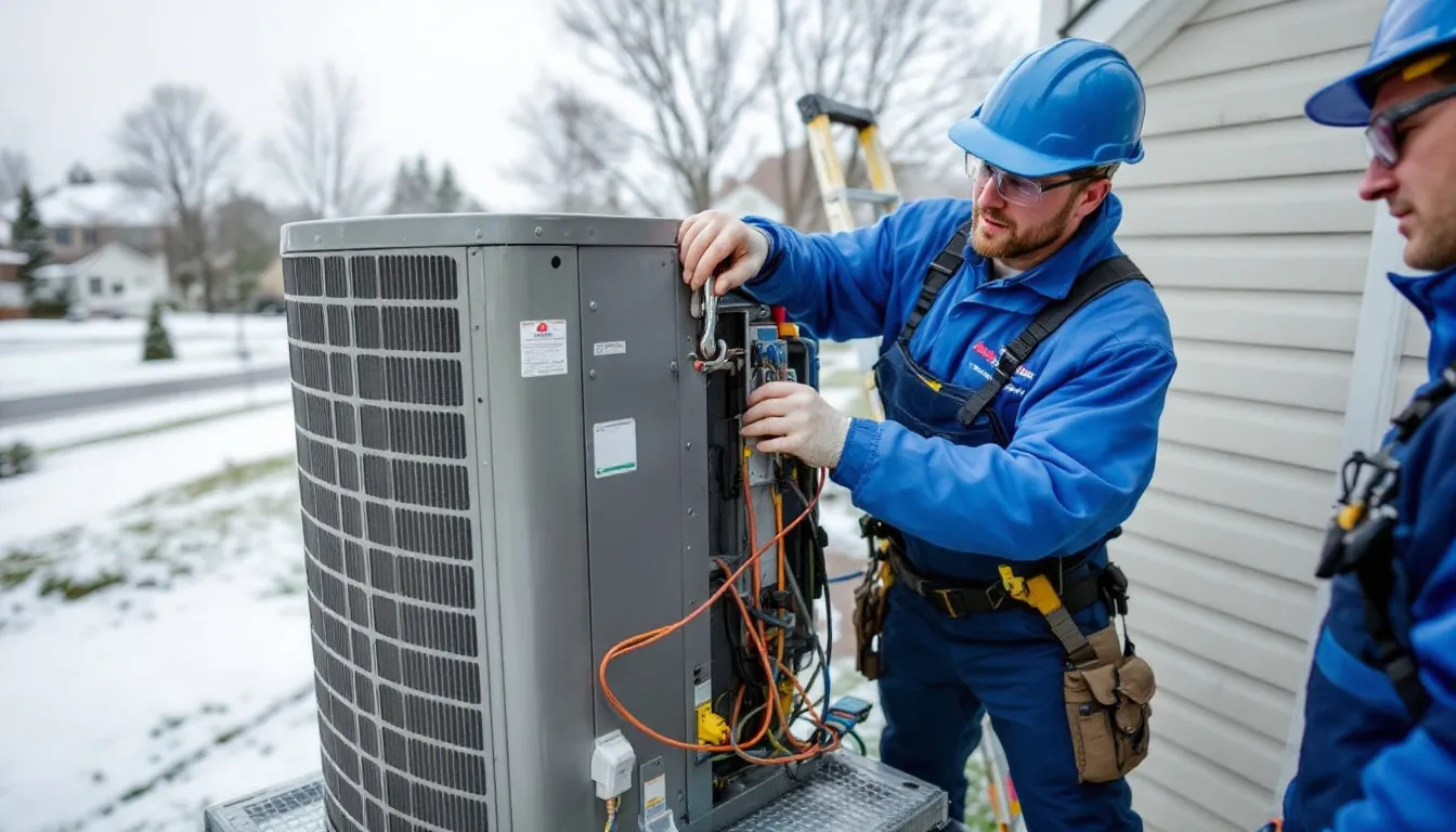 An HVAC technician is seen installing a cold-climate heat pump system, which is part of an energy-efficient home improvement aimed at reducing energy bills and carbon footprint. This installation is eligible for federal tax credits and can help Michigan homeowners save money on their heating and cooling costs.