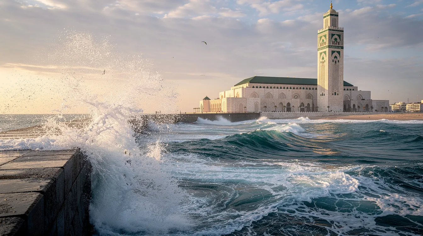 The image captures the majestic Hassan II Mosque in Casablanca, standing tall by the Atlantic Ocean, with waves crashing against the seawall. This iconic structure, one of the world's largest mosques, is a stunning sight for visitors exploring the charming seaside town of Casablanca during their Moroccan vacation.