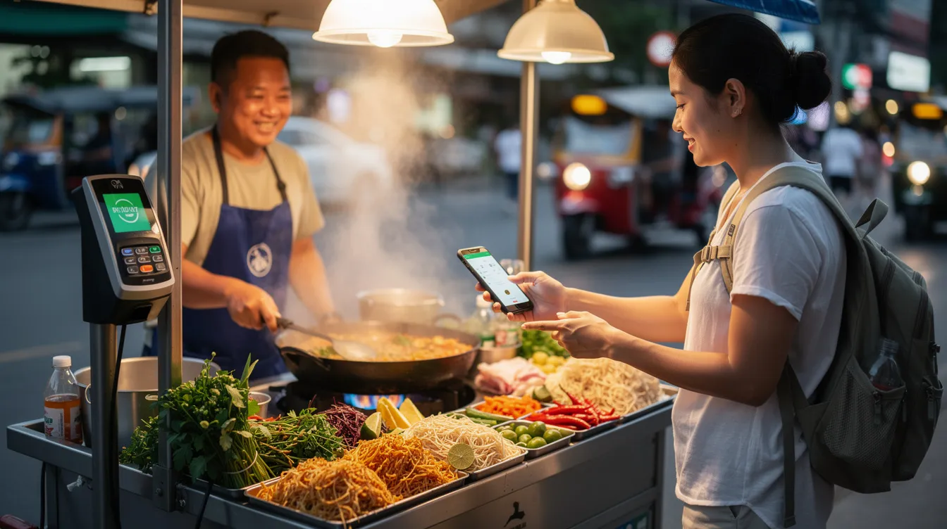 A foreign tourist is using a smartphone to make a contactless payment at a bustling Thai food stall, showcasing the convenience of digital payment methods like QR payments. The scene highlights the popularity of e wallets in Thailand, allowing users to enjoy delicious street food effortlessly.