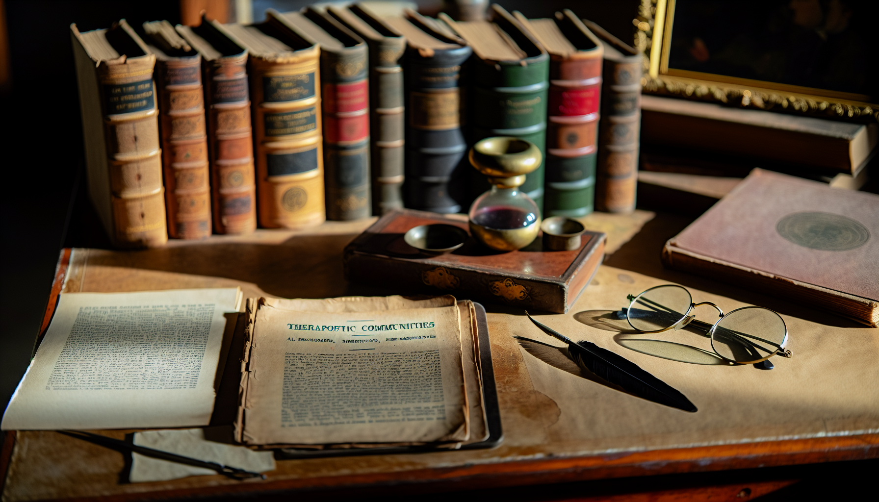 Photo of historical documents and books, representing the origins and evolution of therapeutic communities