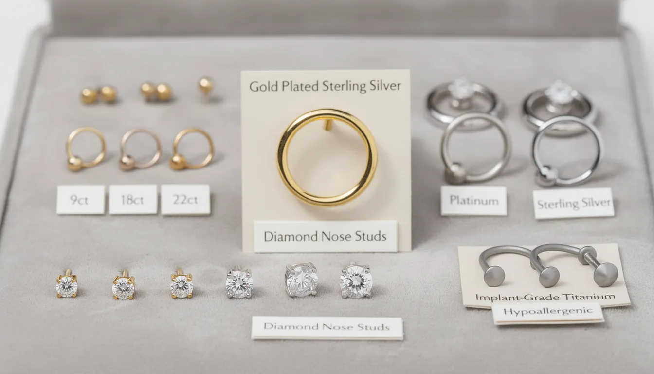 The image showcases a stunning collection of nose rings and nose studs, featuring a variety of materials including gold plated sterling silver, white gold, and rose gold. Each piece, adorned with sparkling diamonds, highlights the beauty and sophistication of piercing jewellery, perfect for adding a touch of elegance to any style.