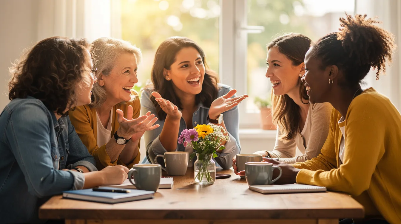 The image depicts a diverse group of women of various ages and backgrounds gathered around a table, engaged in lively conversation and laughter, embodying the spirit of community and support among female entrepreneurs. This gathering reflects their commitment to empowerment, professional development, and the shared journey of business ownership.