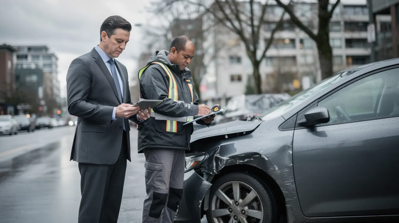 An ultra-realistic editorial photograph captures a personal injury attorney and an accident reconstruction specialist analyzing a damaged vehicle in Seattle, Washington. The professionals are reviewing a tablet and measuring the vehicle's impact damage, set against a backdrop of a typical urban Seattle street with cloudy skies and wet pavement, emphasizing their commitment to thorough investigations in personal injury cases.