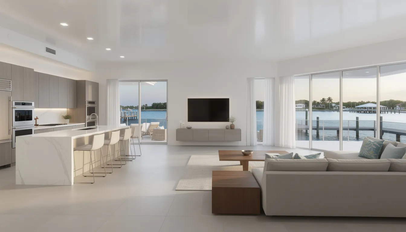 The image showcases a modern kitchen and living area in an updated Palaco Grande home, featuring sleek appliances and contemporary decor, all with breathtaking water views of the Caloosahatchee River. This inviting space highlights the charm of the Palaco Grande neighborhood in Cape Coral, FL, perfect for those seeking luxury and comfort in their dream home.