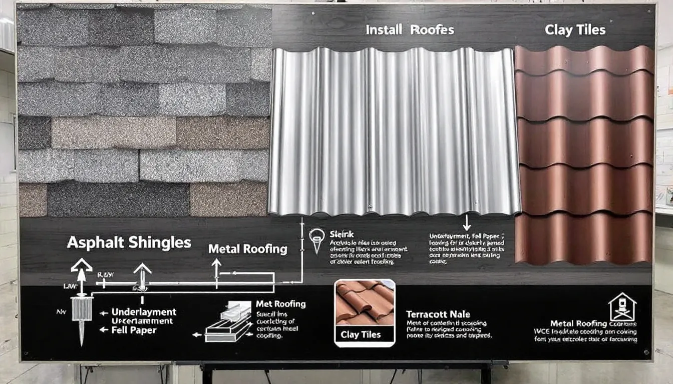 Different types of roofing materials displayed.