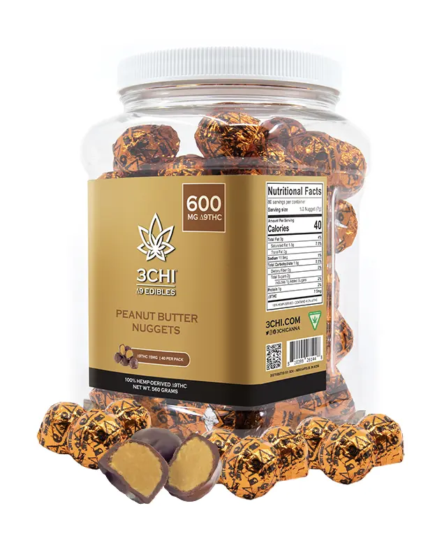These Delta 9 THC peanut butter nuggets are a hit. Chocolate and peanut butter infused with Delta 9 THC? Say no more.