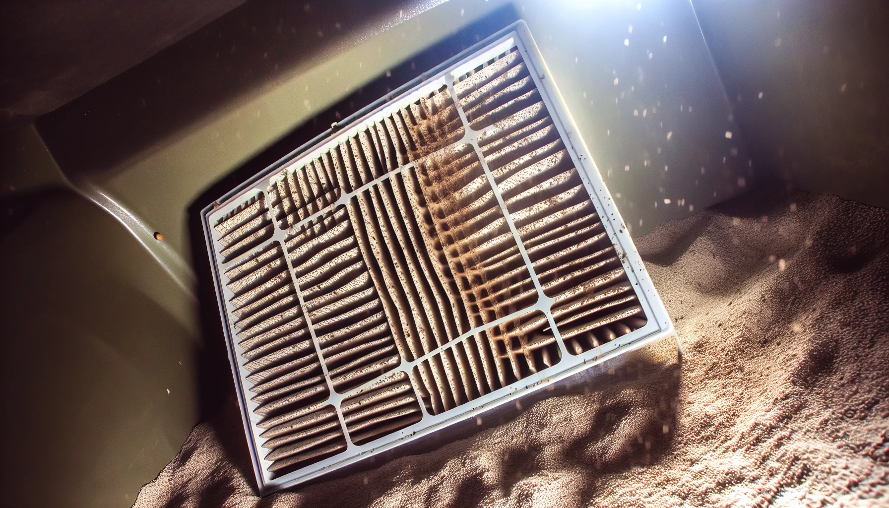 Photo of a clogged cabin air filter with visible dust and debris