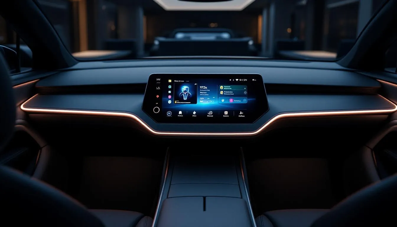 The image shows a modern car dashboard featuring an advanced car audio system with a sleek touchscreen display. This dashboard includes options for satellite radio, GPS navigation, and Apple CarPlay, enhancing the driving experience with easy access to music and other features.