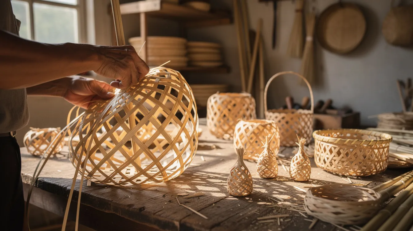 The image depicts skilled artisan hands meticulously weaving intricate bamboo baskets and decorative items in a workshop, showcasing the traditional crafts that contribute to local economies. This craft represents a profitable business idea with high demand, particularly for small businesses in Jharkhand, where local resources and tribal livelihoods play a vital role in economic growth.