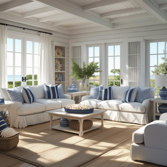 Bright coastal living room featuring white sofas with blue striped pillows, a light wooden coffee table, and ocean views through large windows, creating a serene atmosphere.