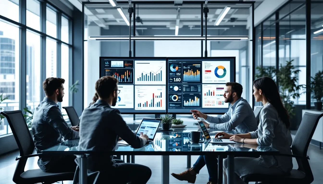 In a modern office environment, a business team of analysts is gathered around multiple screens, actively analyzing data and discussing insights related to data access and virtualization. Their focus on test data management and maintaining data privacy highlights the importance of security and scalability for organizations using systems like Delphix and Snowflake.