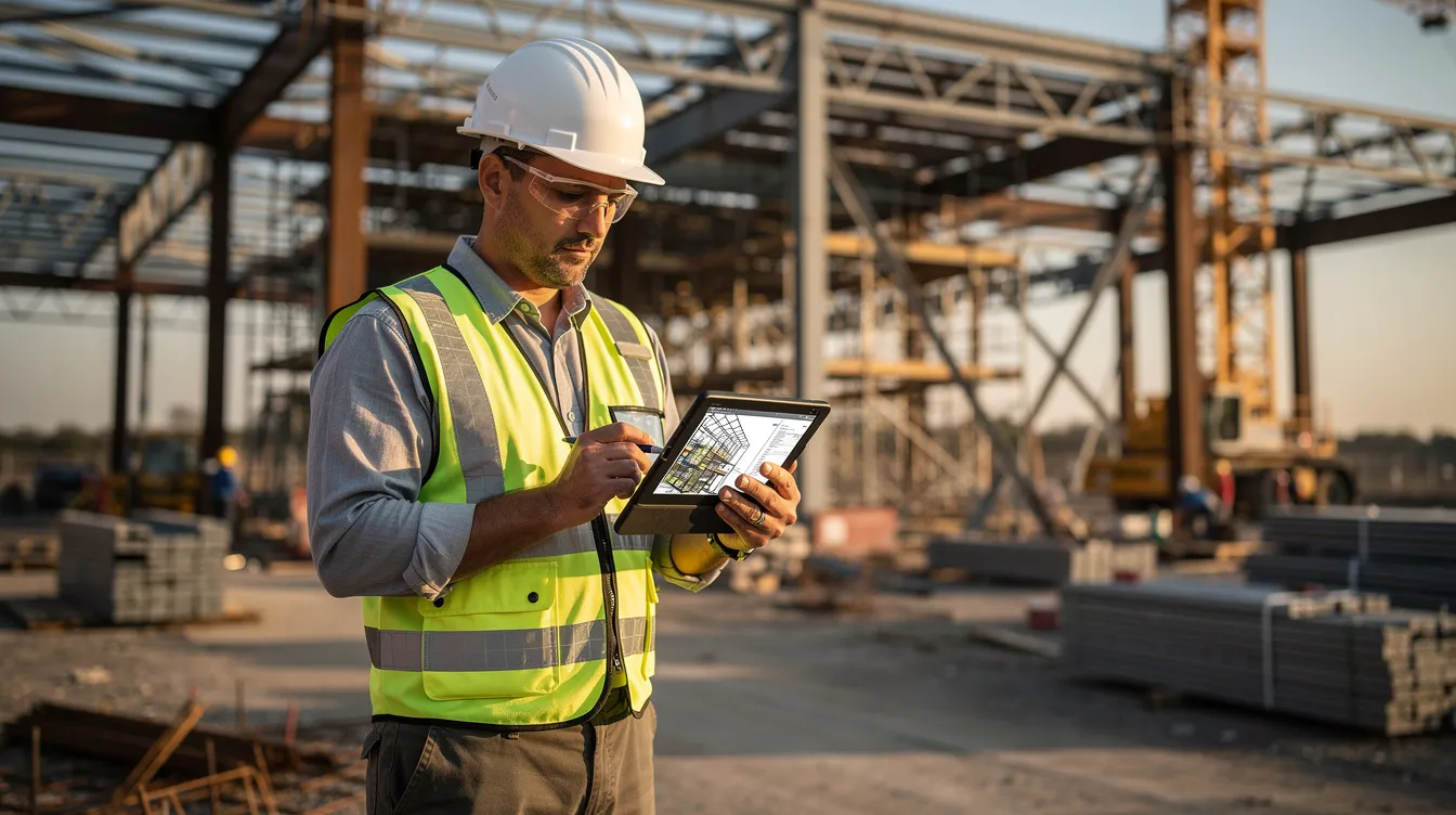 A construction project manager is intently reviewing plans on a tablet at an industrial job site, surrounded by steel structures that highlight the construction industry. This scene captures the importance of project management in ensuring positive cash flow and managing project costs effectively.