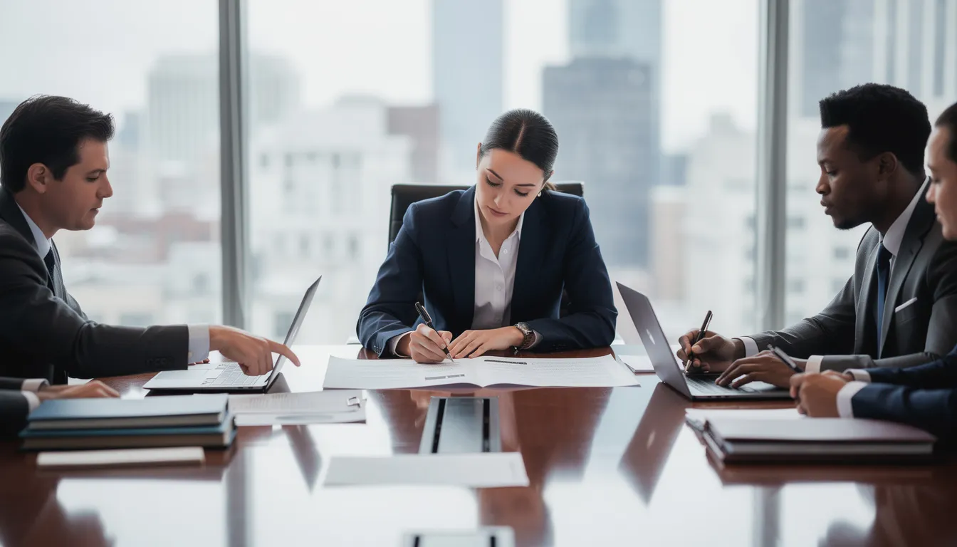 The image shows a group of attorneys gathered in a professional meeting room, collaboratively reviewing documents related to car accident cases, discussing strategies for maximizing compensation for their clients, including car accident victims and their personal injury claims.