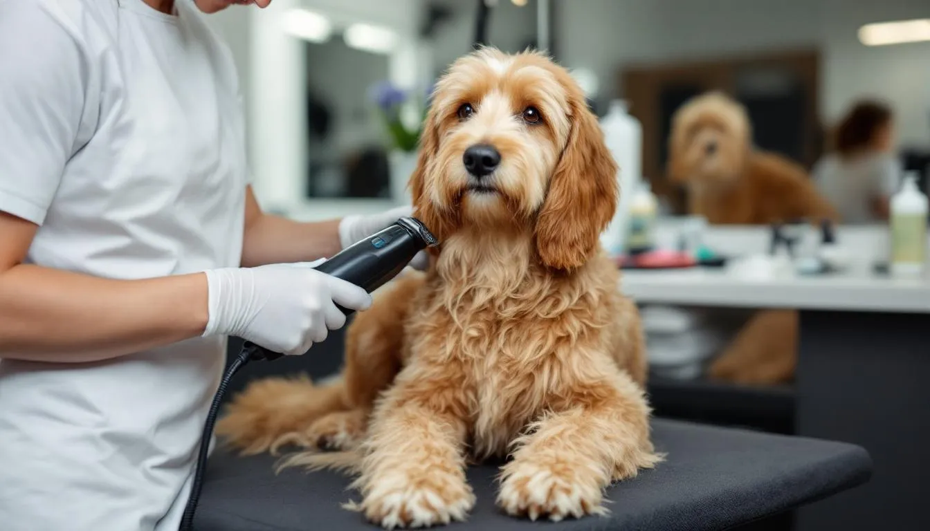 A goldendoodle is being professionally groomed, showcasing the ongoing maintenance requirements of this popular breed. The grooming process highlights the importance of regular care to prevent matting and maintain the health of their hypoallergenic coats.